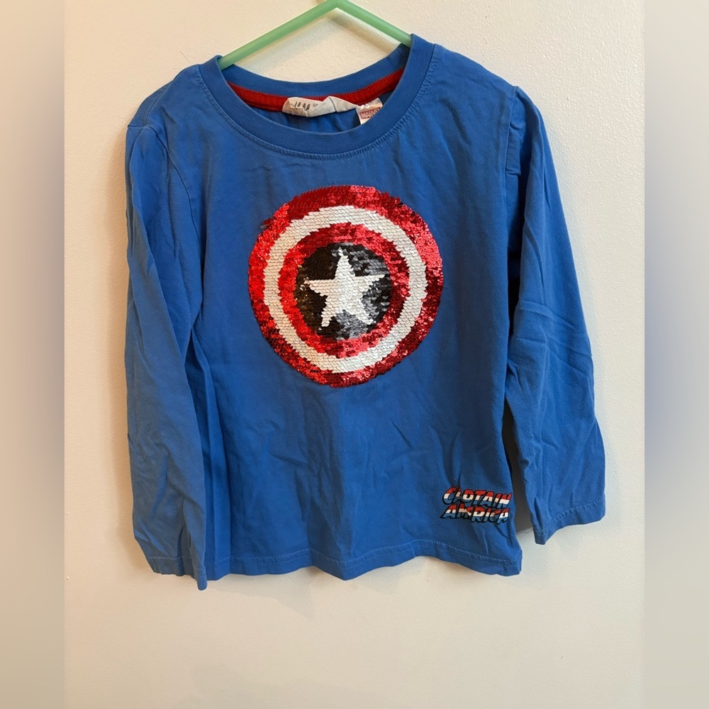 4/30$ H&M X Marvel Blue Captain America Sequin Long Sleeve Tee 4-6 years